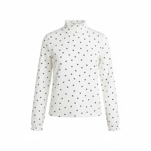 White Ruffle Mock Neck Long Sleeve Blouse Black Heart Print Women’s Size M - Picture 2 of 11